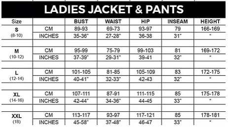 rjays ladies jacket pants size chart